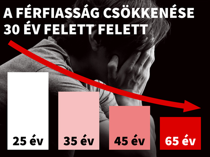 Natural Pharmaceuticals ProMan® Plus A tesztoszteron csökkenését 30 éves kor után szemléltető oszlopdiagram. A háttérben egy depressziós férfi, aki a fejét a kezében tartja. Az előtérben négy sáv látható, mindegyik kor szerint jelölve: 25 év, 35 év, 45 év és 65 év. A sávok az életkor előrehaladtával csökkennek, felettük egy piros, csökkenő nyíl fut, amely a hanyatlást szimbolizálja.