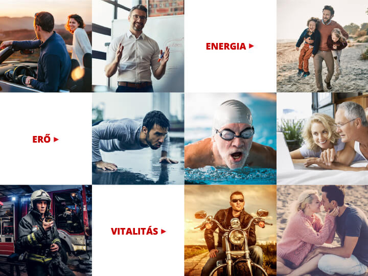 Natural Pharmaceuticals ProMan® Plus Különböző élethelyzetek, sportok és emberi kapcsolatok, amelyek az energia, erő és vitalitás témáit ábrázolják.