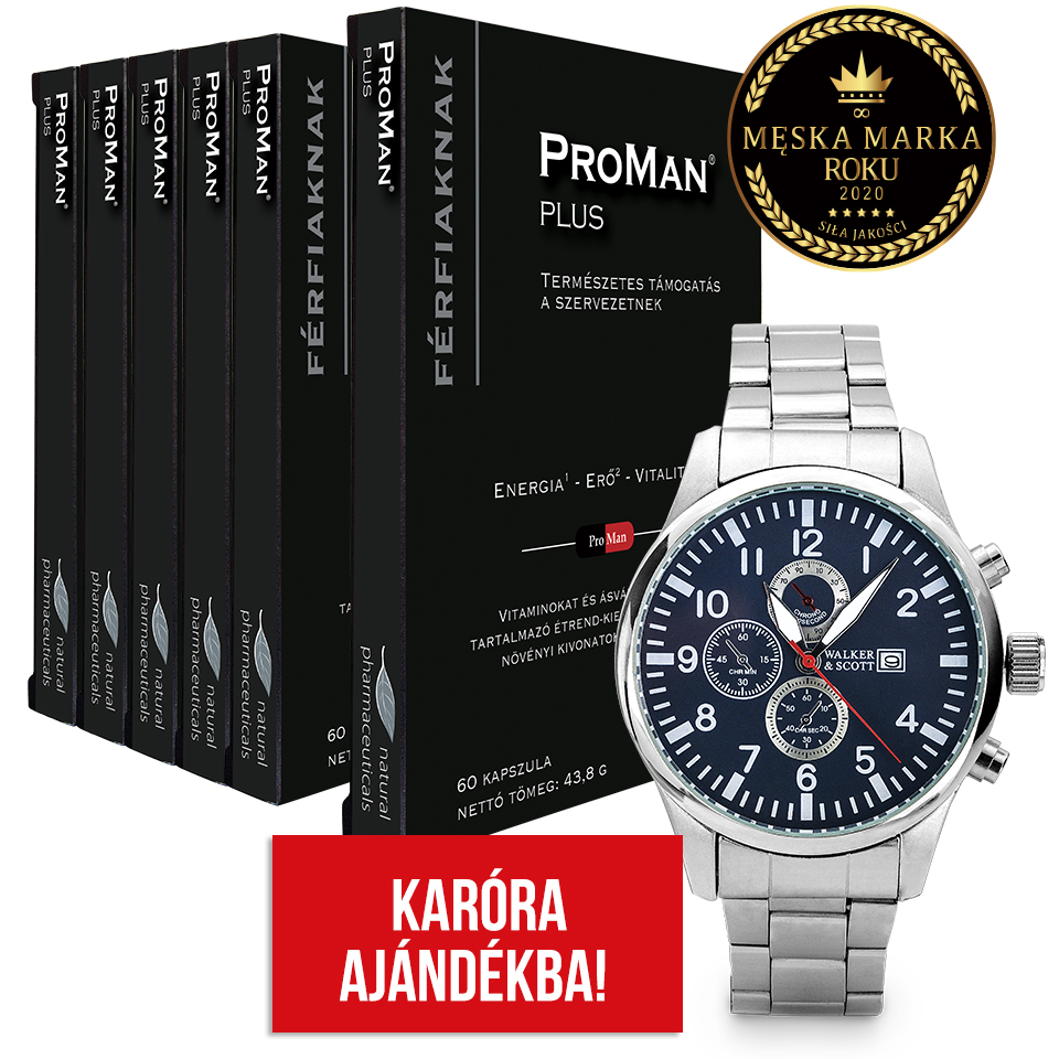 Natural Pharmaceuticals ProMan® Plus ProMan® Plus étrend-kiegészítő férfiaknak - kapszulacsomag. Mellette egy ajándékba kínált ezüst karóra. A felső sarokban az arany embléma: „Az év férfi márkája 2020”.