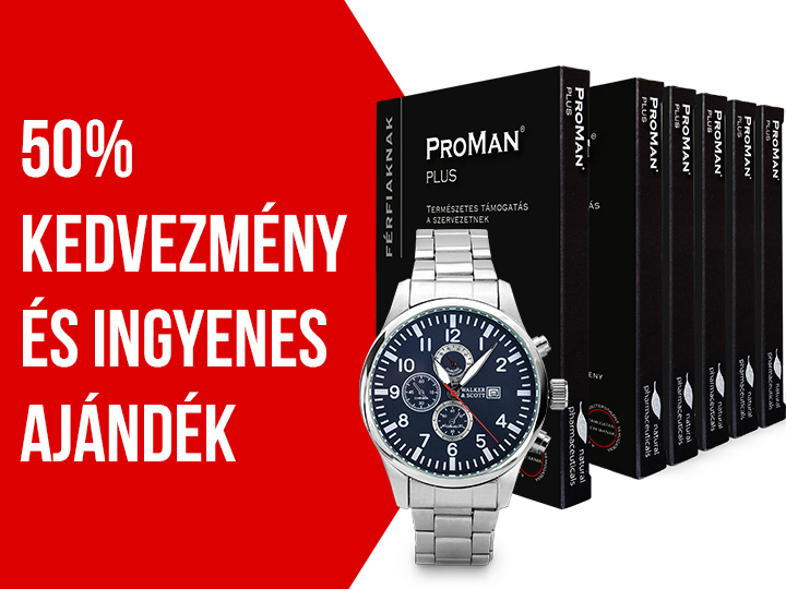 Natural Pharmaceuticals ProMan® Plus ProMan® Plus kiegészítő készlet férfiaknak egy órával ajándékba. A bal oldalon piros háttéren a következő felirat olvasható: „50% kedvezmény és ingyenes ajándék”.