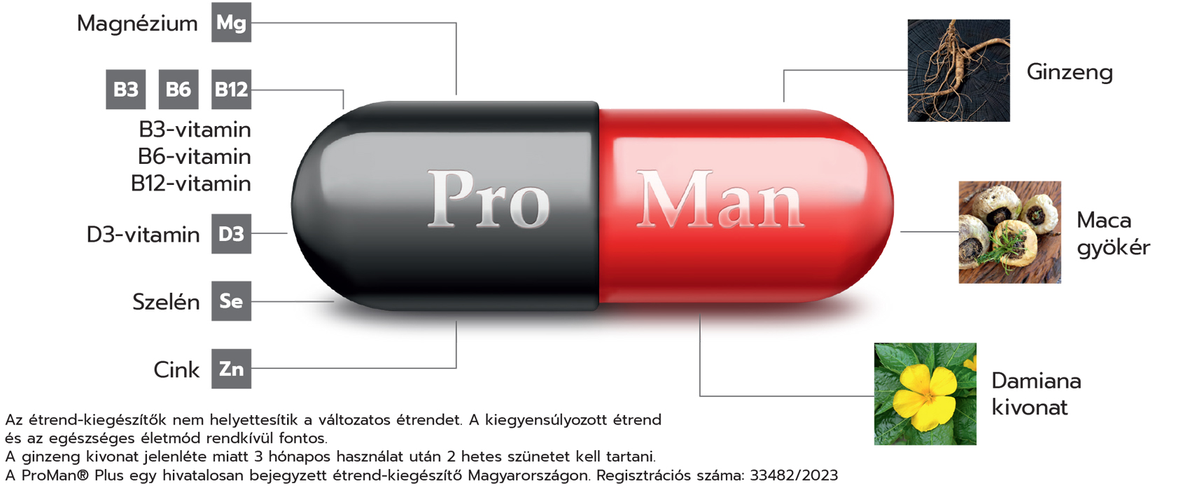 Natural Pharmaceuticals ProMan® Plus Az ábrán a „ProMan” étrend-kiegészítő kapszula látható, amelynek összetevői az oldalán szerepelnek. Magnéziumot, B3, B6, B12, D3 vitaminokat, szelént (Se), cinket (Zn), valamint a ginzeng (ginzeng), maca gyökér és damiana növényi kivonatokat tartalmaz.